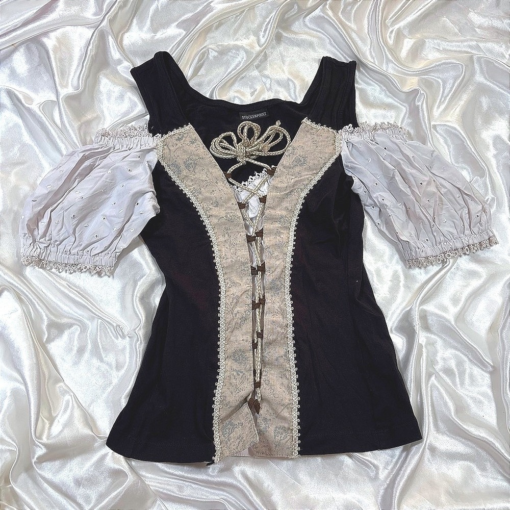 Vintage Stockerpoint Dirndl Top Black Excellent Lace Up Eyelet Cold Shoulder